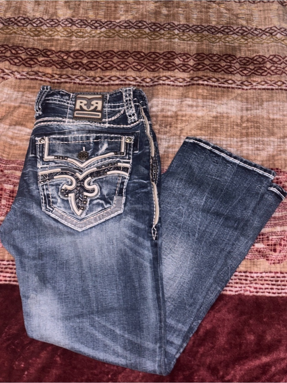 Rock Revival Men's Boot Cut Jeans in Distressed Blue with White Stitching
